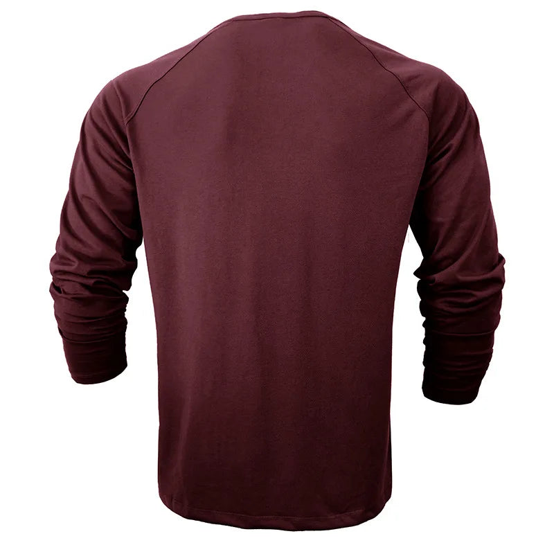 Men's Red Long Sleeve Henley T Shirts Autumn Winter Raglan Sleeve Base Clothing Classic Casual Basic