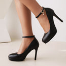 Ankle Straps High Heels Pumps Shoes Woman Elegant Round Toe Black White Heeled Office Dress Pumps Wedding Shoes Bridal Ladies