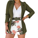 Women Blazer Shorts Set Solid Thin Coat High Waist Flower Short Pants Commute Cardigan Style Lady Outfit