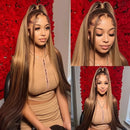 Woman with long blonde hair styled in a 13x4 lace wig against a red floral background, Obroi