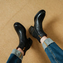Leather Women Ankle Boots Spring Autumn Heeled Boots Retro Ladies Round Toe Black Zipper Boots