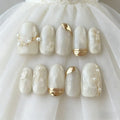 10pcs French Gold Leaf Handmade Nails Pearl Press on Nail Short Almond Full Coverage Nail Tips for Women&Girl