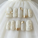 10pcs French Gold Leaf Handmade Nails Pearl Press on Nail Short Almond Full Coverage Nail Tips for Women&Girl