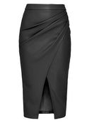 Women Midi Leather Skirt Front Slit Skirts Ladies Black Faux Leather Folded Skirt For Women
