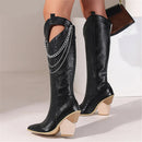 Knee High Boots Women Wedges Western Boots Ladies Chain Pointed Toe Autumn Winter Long Boots