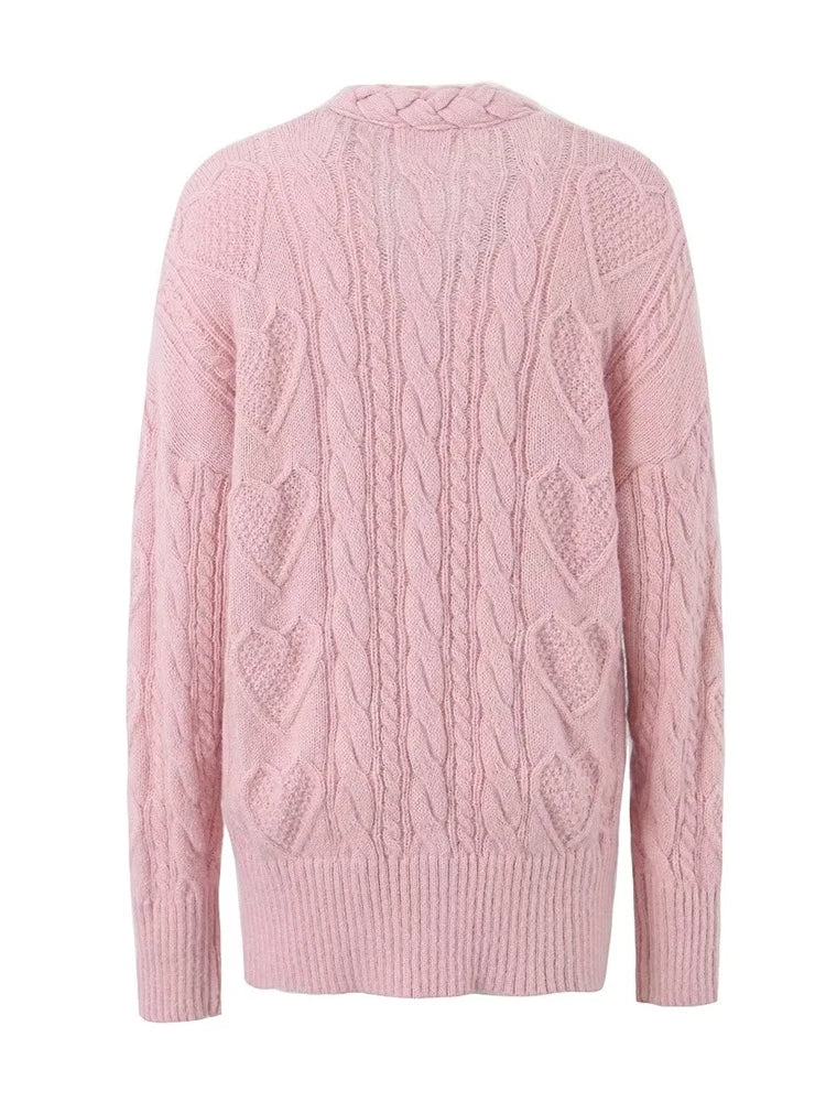 Women Autumn Sweet Twist Jacquard Knitted Long Cardigan Chic Loose Sweaters
