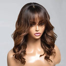 Chestnut Brown Layered Bangs Wavy Lace Front Wigs 30 Inch 250 Density Wave Human Hair Wig For Women