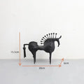 Black decorative horse figure with measurements on a white background, Obroi
