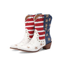 Women Western Boots Ankle Booties Denim Studded Rivets Embroidery Stars Stripes Heeled Shoes