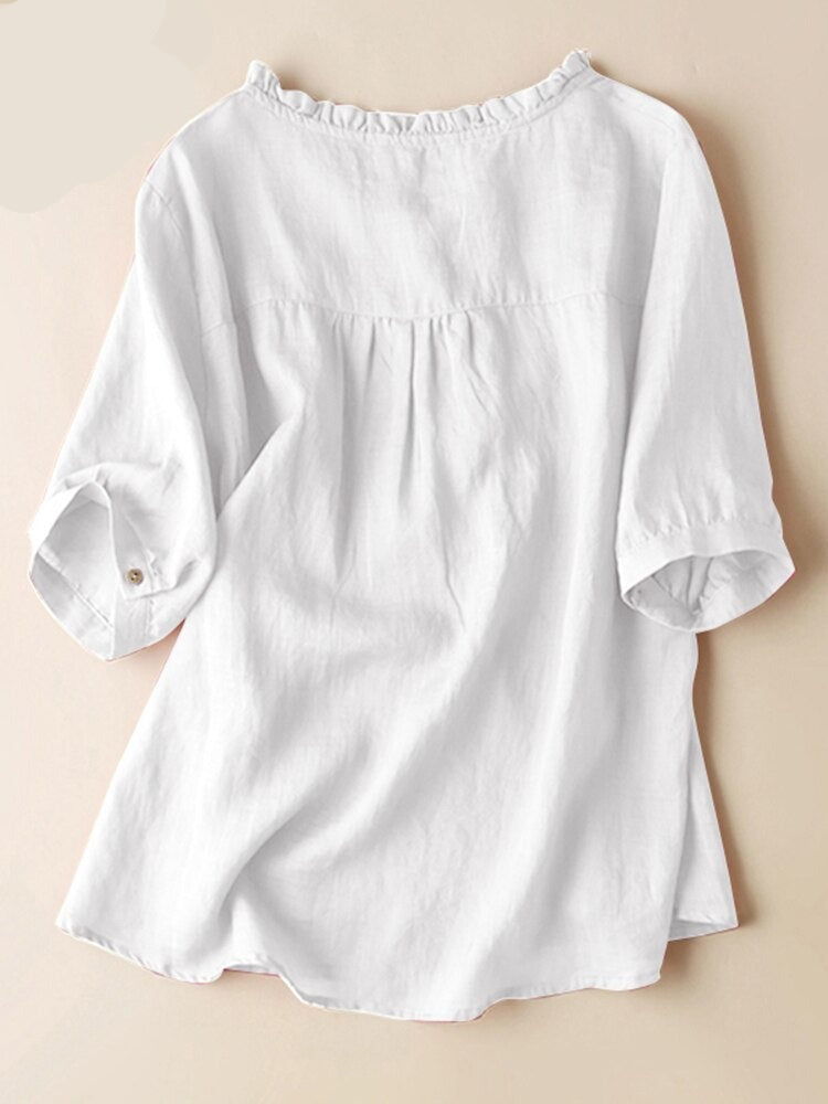 Summer Women's Blouse Female Half Sleeve Cotton Shirt Casual Ruffles Loose Tunic Tops Vintage Solid Chemise
