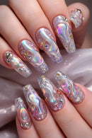 Medium long nails for women gradient purple blue aurora colorful wave strips full cover press on false nail set