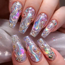 Medium long nails for women gradient purple blue aurora colorful wave strips full cover press on false nail set
