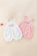 Two baby rompers, one white and one pink, with floral embroidery on a beige background, Obroi