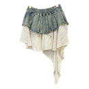 Retro Spliced Denim Pleated Skirt for Women Summer  High Waist Skirt