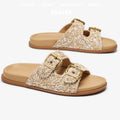 Women's Woven Slide Sandals With Double Gold Buckles Flat Slippers Summer Beach Shoes