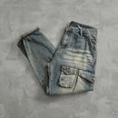 Heavy American vintage motorcycle cargo jeans men's multi-pocket straight cone heavy washed casual pants tide