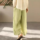 Spring Embroidery Cotton Linen Wide Leg Pants Women Elastic Waist Loose Double Layer Straight Long Pant
