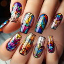 Colorful stained glass nail art on a hand, Obroi