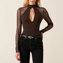 T-Shirts Autumn Casual Simple Hollow Out Stand Collar Streetwear T-Shirts For Women