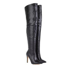 Black crocodile-patterned knee-high boots on a white background, Obroi