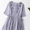 Spring Summer Fresh Linen Blended Dress for Women Floral Embroidery Loose Casual Female