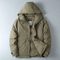 Beige winter jacket with a hood on a light gray background, Obroi