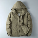 Beige winter jacket with a hood on a light gray background, Obroi
