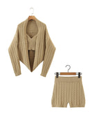 Autumn Winter Knitted Suit Women Casual Slim Chic Knitted Cardigan + Short Camisole Crop Top + High Waist Shorts Female