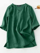 Summer Casual Tops Woman Half Sleeve V-Neck Blouse Female Solid Cotton Shirt Loose Tunic Chemise Oversized