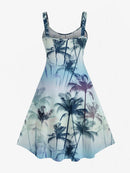 Couple Hawaiian Coconut Tree Ombre Shirt Flare Tank Dress Holiday Couple Outfits