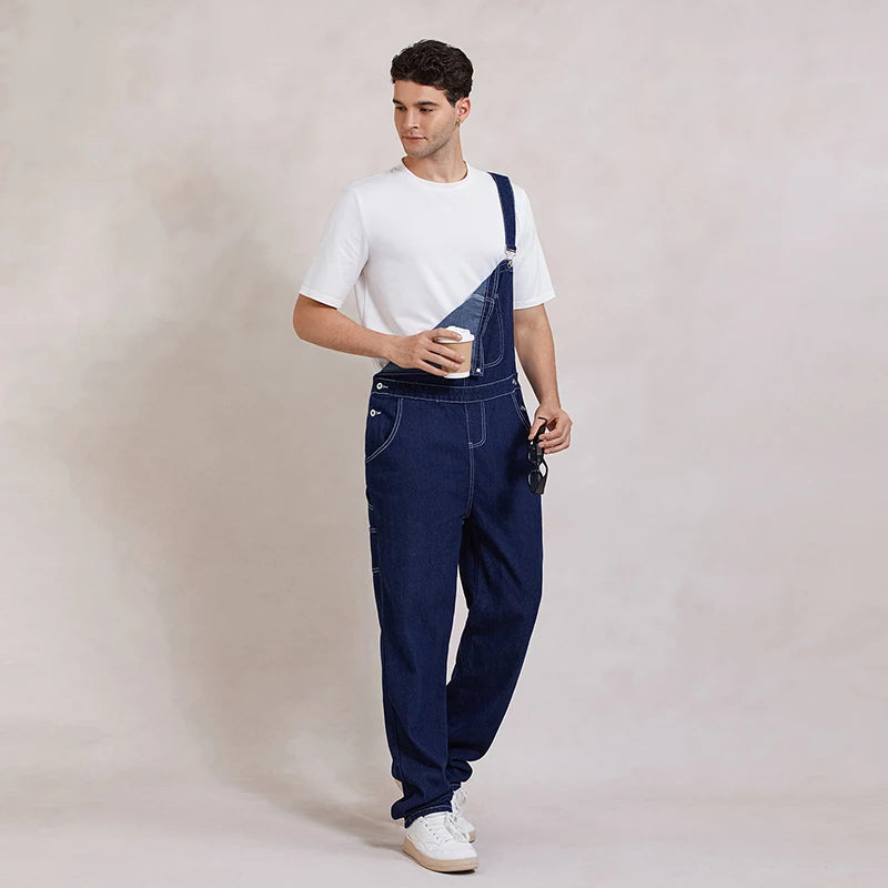 Men Denim Bib Overalls Lightweight Jean Jumpsuit with Adjustable Straps