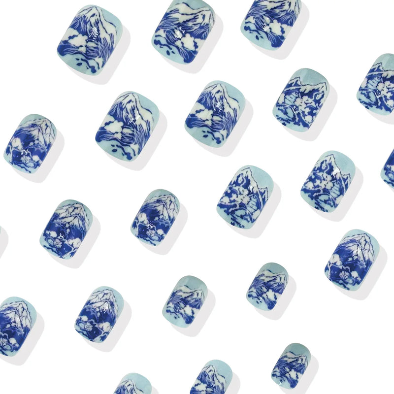 24pcs Blue Square Press on Nails Landscape Nail Tips for Girl Women Wearable False Nails