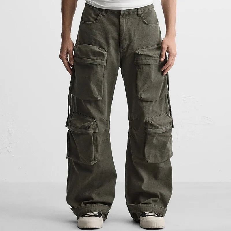 Men Cotton Multi Pocket Design Casual Pants Mid Waist Loose Fit Chic Full Length Trousers