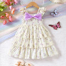 Cute Girls Cake Dress with Big Bow Floral Dress Birthday Princess Wear Summer Clothing 1-6 Years Kids Girl