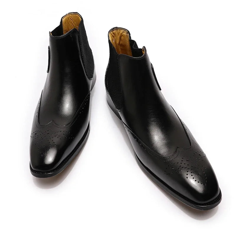 Luxury Men Genuine Leather Ankle Boots Black/Brown Wingtip Snake Buckle Strap Chelsea Shoes