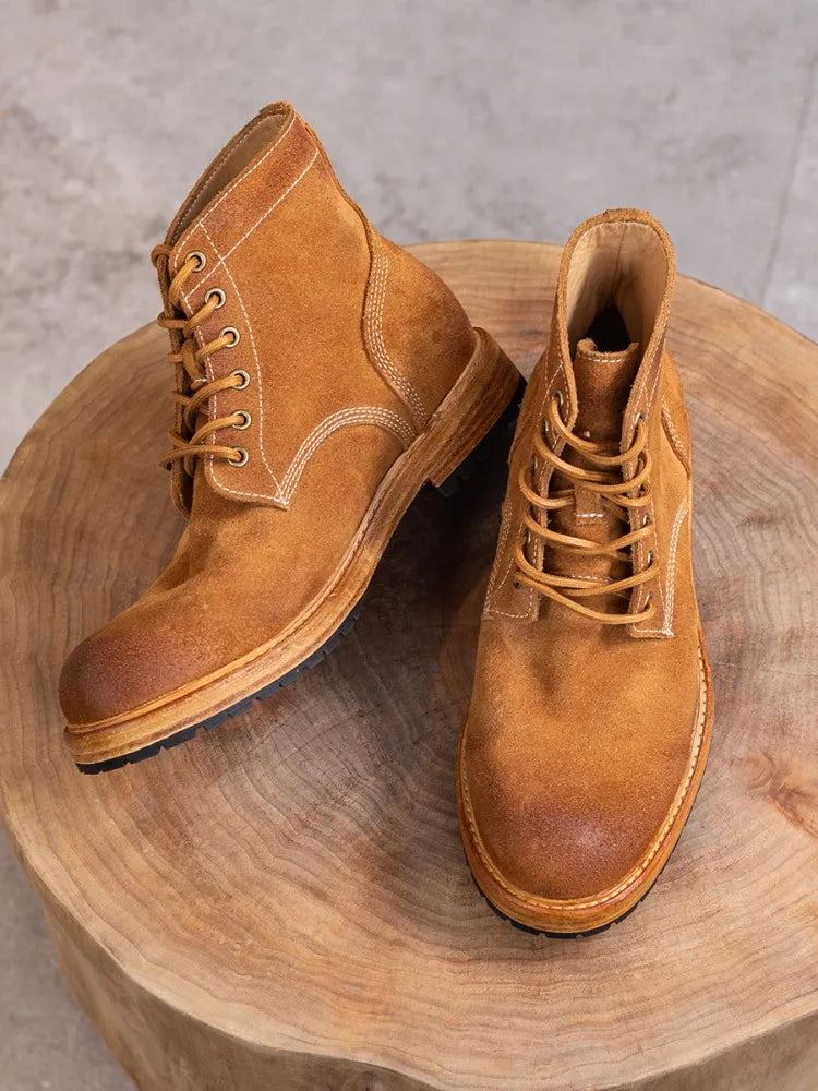 Handmade Mens Retro Real Suede Leather Mid Heel Shoes Work Lace Up Thick Platform Wear Resistant Boots