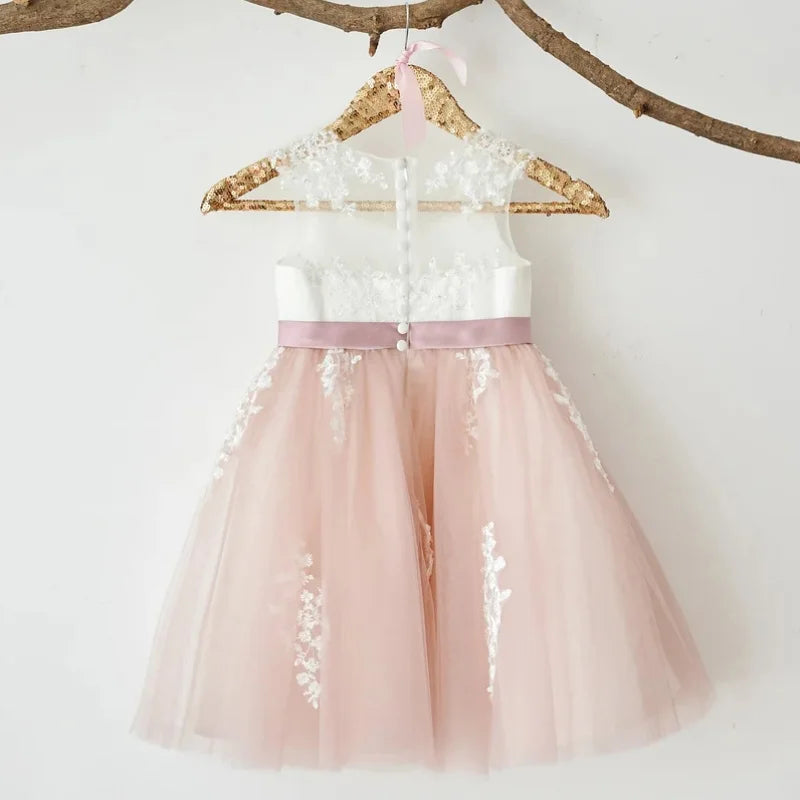 Flower Girl Dresses White Pink Tulle Appliques With Bow Ribbon Sleeveless For Wedding Birthday Banquet