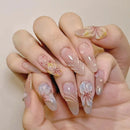 24pcs Gradient Press on Nails Embossed Flower Drop Beads Nail Medium Almond Nail for Women&Girl