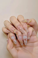 24pcs Gradient Press on Nails Embossed Flower Drop Beads Nail Medium Almond Nail for Women&Girl