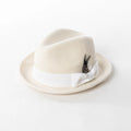 Beige fedora hat with a white band and feather on a white background, Obroi