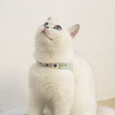 White cat wearing a decorative collar on a plain background, Obroi