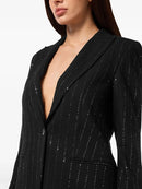 Black pinstripe blazer worn by a person on a white background, Obroi