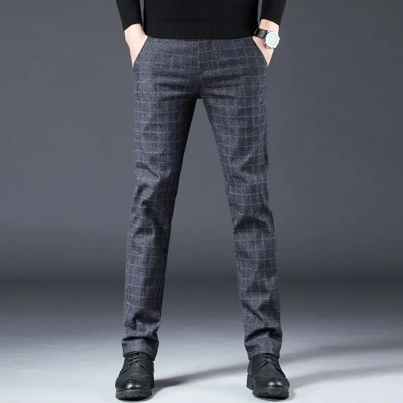 Streetwear Men Striped Plaid Suit Pants Spring Autumn Casual Grey Straight Slim Trousers