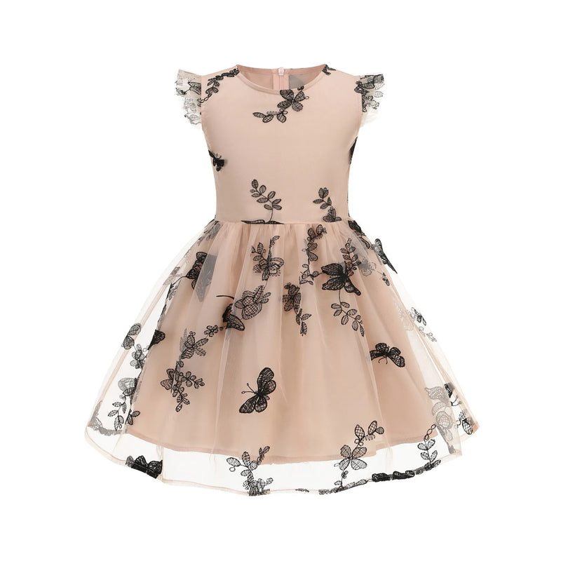 Butterfly Embroidered Mesh Overlay Pleated Kids Vintage Clothes Summer Princess‌ Girls Dresses