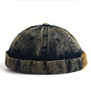 Denim-style beanie with a textured band on a white background, Obroi