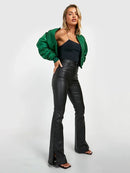 Women Leather Hem Split Flare Pants Lady Slim Trousers