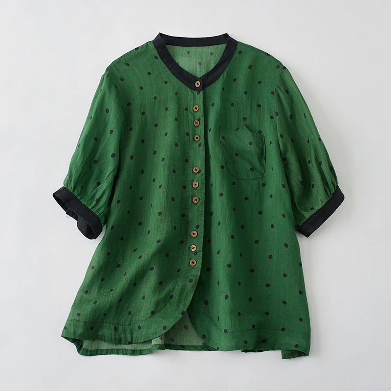 Spring Summer Dot Cotton Linen Blouse Shirt Button Elegant Office Ladies Women Casual Loose Tops