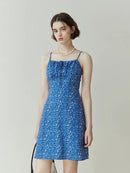 Bohemian Blue One-word Collar Suspender Dress Female Summer Seaside Holiday Style Floral Suspender Women
