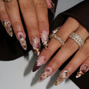 Brown Cat's Eye Full Cover Nail Tip Golden Flower Smudge Press on Nails Almond Reusable False Nails