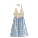Women Sexy Backless Halter Patchwork Embroidery Knit Dress Summer Mini